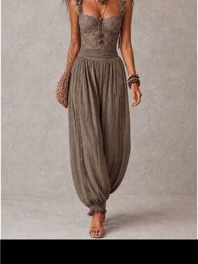 Lace Bodice Boho Harem Jumpsuit in Olive Taupe